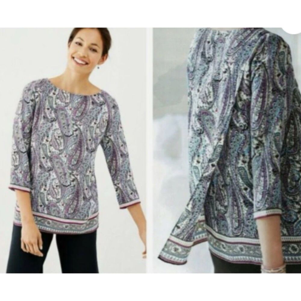 J Jill Size XL Adara Violet Paisley Wrapped-Back Top Blouse 3/4 Sleeve